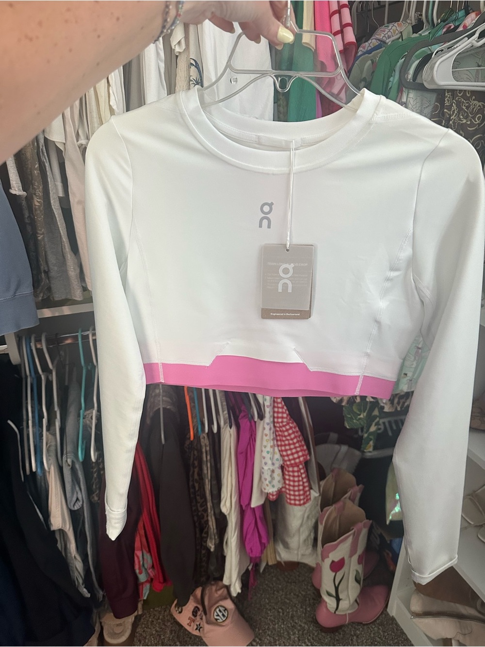 On Running White Long-Sleeve Crop Top with Pink Hem